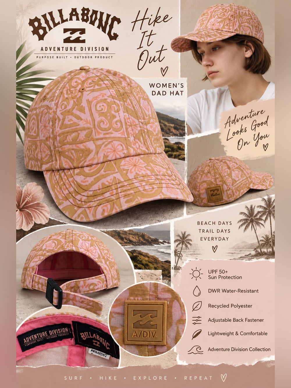Billabong Adventure Division Women’s Hike It Out Dad Hat Pink Tan Print Adjustab